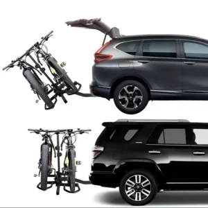 Heavy duty fat tire ebike hitch rack HB303 showing 2-bike tilting function and clear trunk access