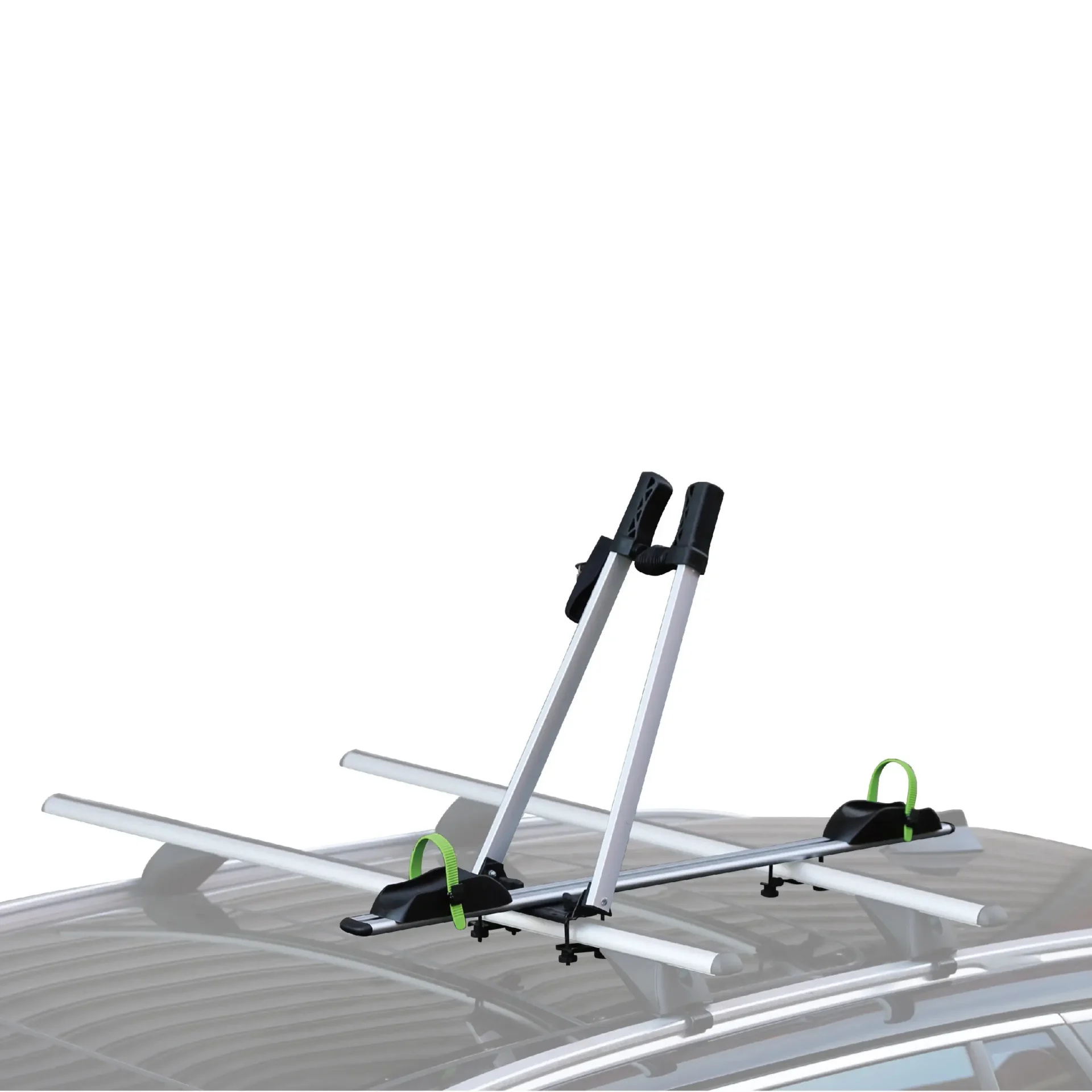 anodized-roof-bike-carrier-installed-on-crossbars Premium Anodized Roof-Mounted Upright Bicycle Carrier (Model: BC001F) - Image 1