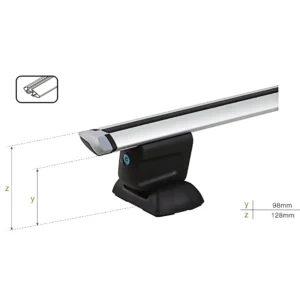 Clearance dimensions of RB009C fixed point roof rack showing 98mm lower and 128mm upper heights
