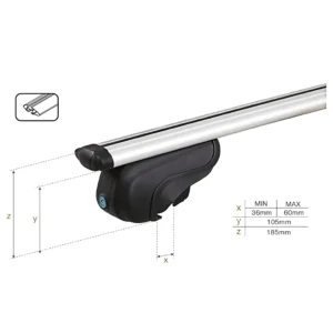 Fiberglass reinforced nylon feet for closed roof rails displaying 105mm lower clearance and 36-60mm clamp