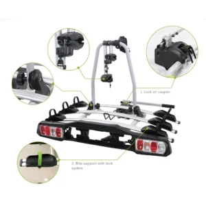 Technical breakdown of foldable U frame, lock on coupler, and bike support with lock system on 3-bike platform carrier