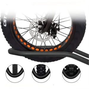 Close up of adaptive wheel cradles on HB303 hitch rack accommodating up to 5 inch oversized fat bike tires