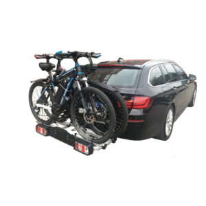 Rearview of TB012-2EB towbar bike carrier loaded with two bicycles on vehicle