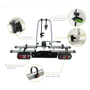 TUV tested towbar mounted 2 ebike carrier TB012-2EB with detailed lock system and security features
