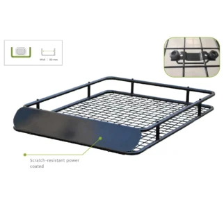 Standalone steel roof cargo basket featuring 90kg maximum payload capacity and weather resistant black coating