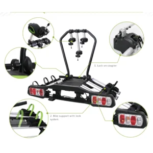 Technical breakdown of lock on coupler, bike support with lock system, and 13-pin lighting on 3-bike rack