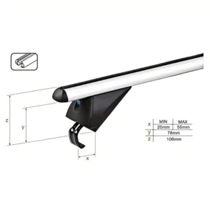 Technical clearance dimensions of RB003B crossbars showing 78mm to 106mm vertical space for 25mm to 55mm rails