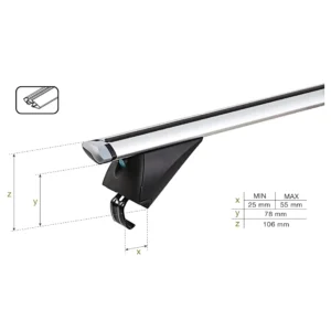 Clearance parameters of RB003C crossbars showing 78mm to 106mm clearance for 25mm to 55mm diameter rails