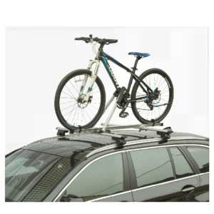 Vehicle roof mounted bike rack BC001A transporting bicycle on crossbars showing integrated frame lock