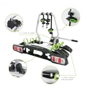 Technical breakdown of lock on coupler with shim tuning, tool-free quick-snap license plate holder, and bike supports on TB009N3 carrier