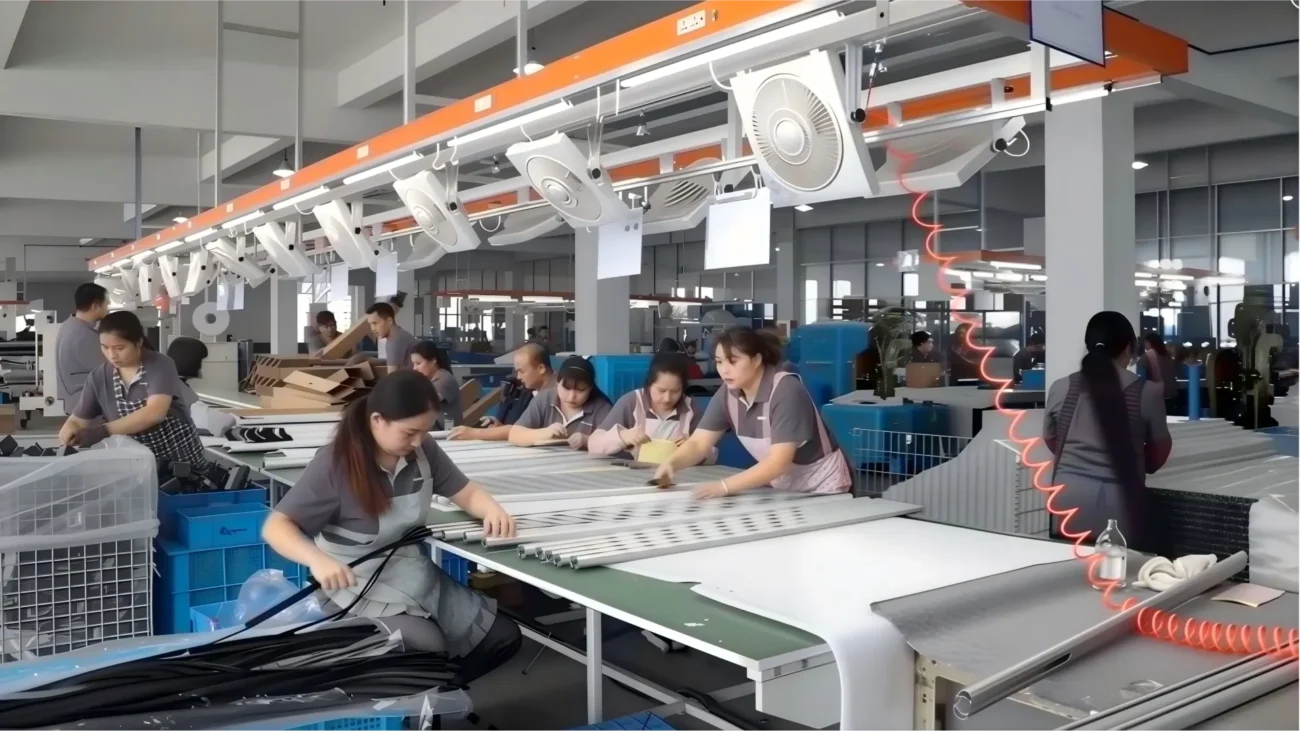 Standardized assembly line with workers assembling aluminum roof rack crossbars in factory