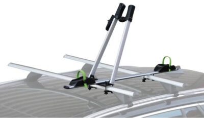 Empty aluminum roof bike carrier rack BC001F installed securely on vehicle roof crossbars